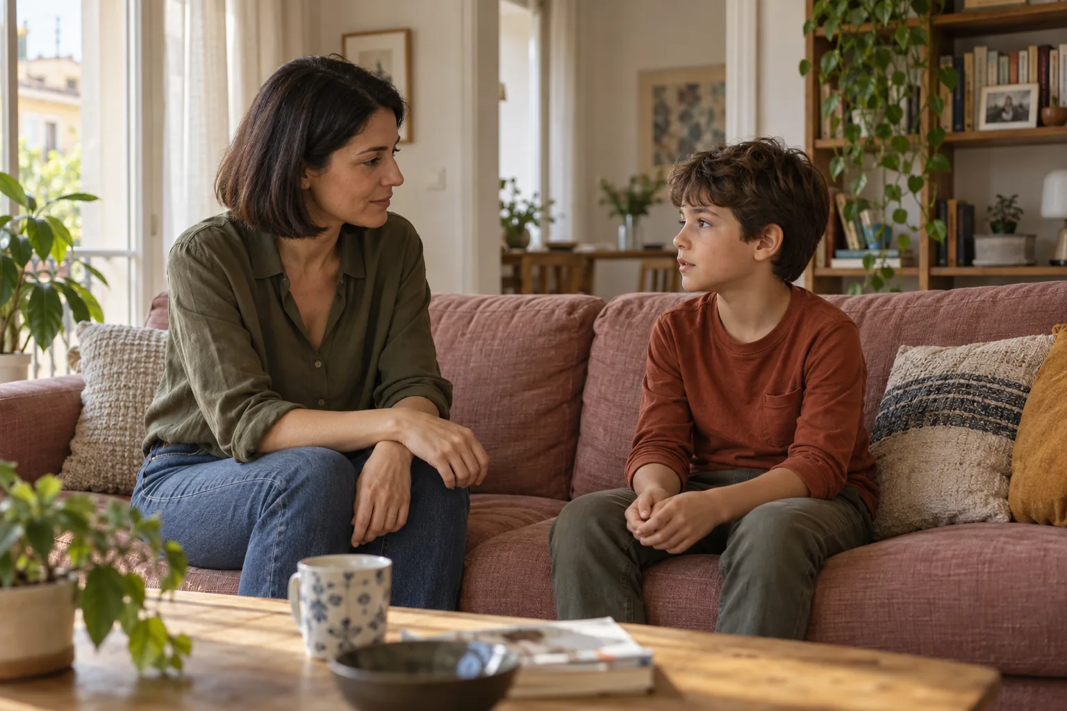 Un genitore e un bambino conversano con calma su un divano Un genitore e un bambino conversano con calma su un divano