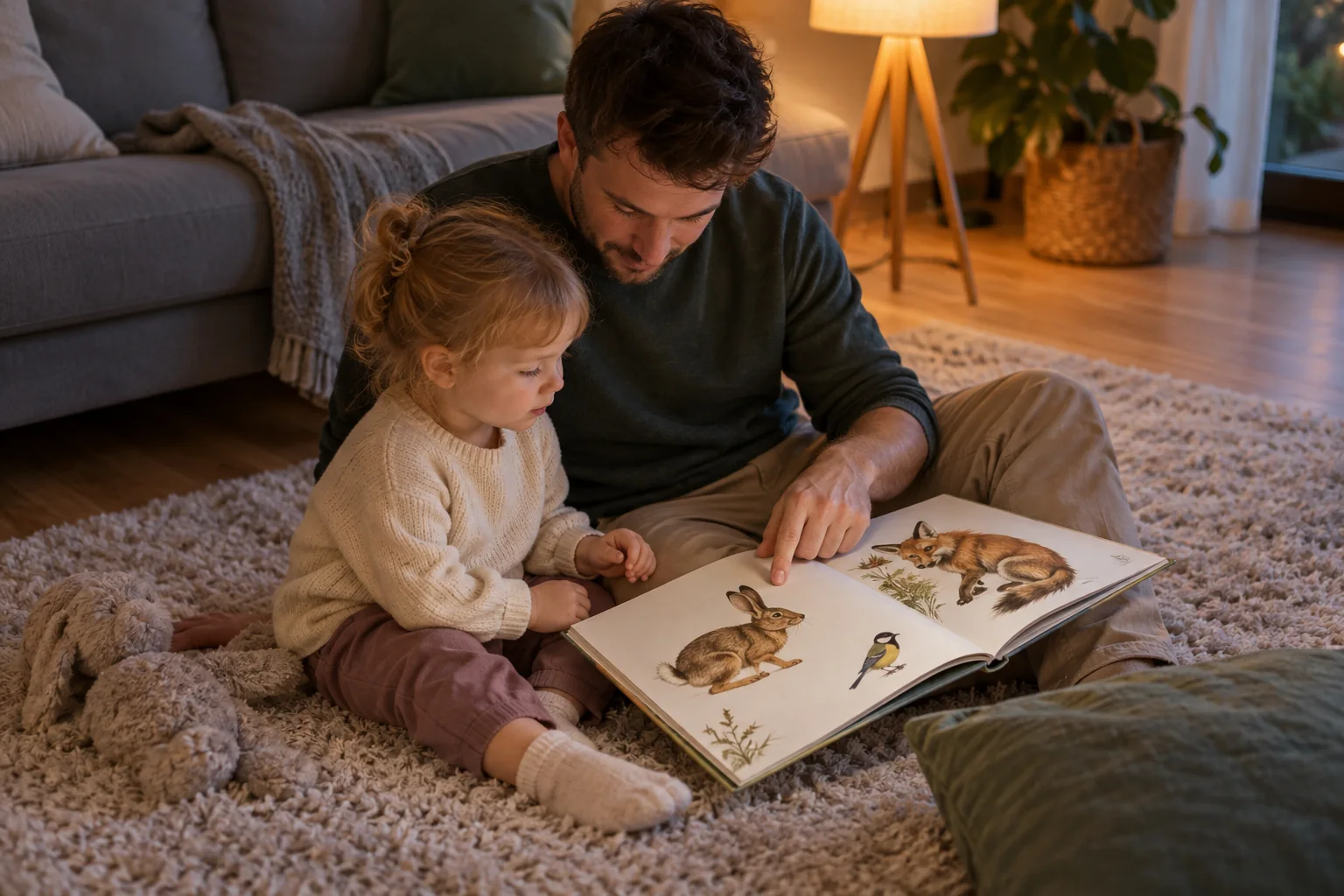Ein Vater und ein etwa dreijähriges Kind betrachten gemeinsam ein Bilderbuch auf einem Teppich neben einer Stehlampe