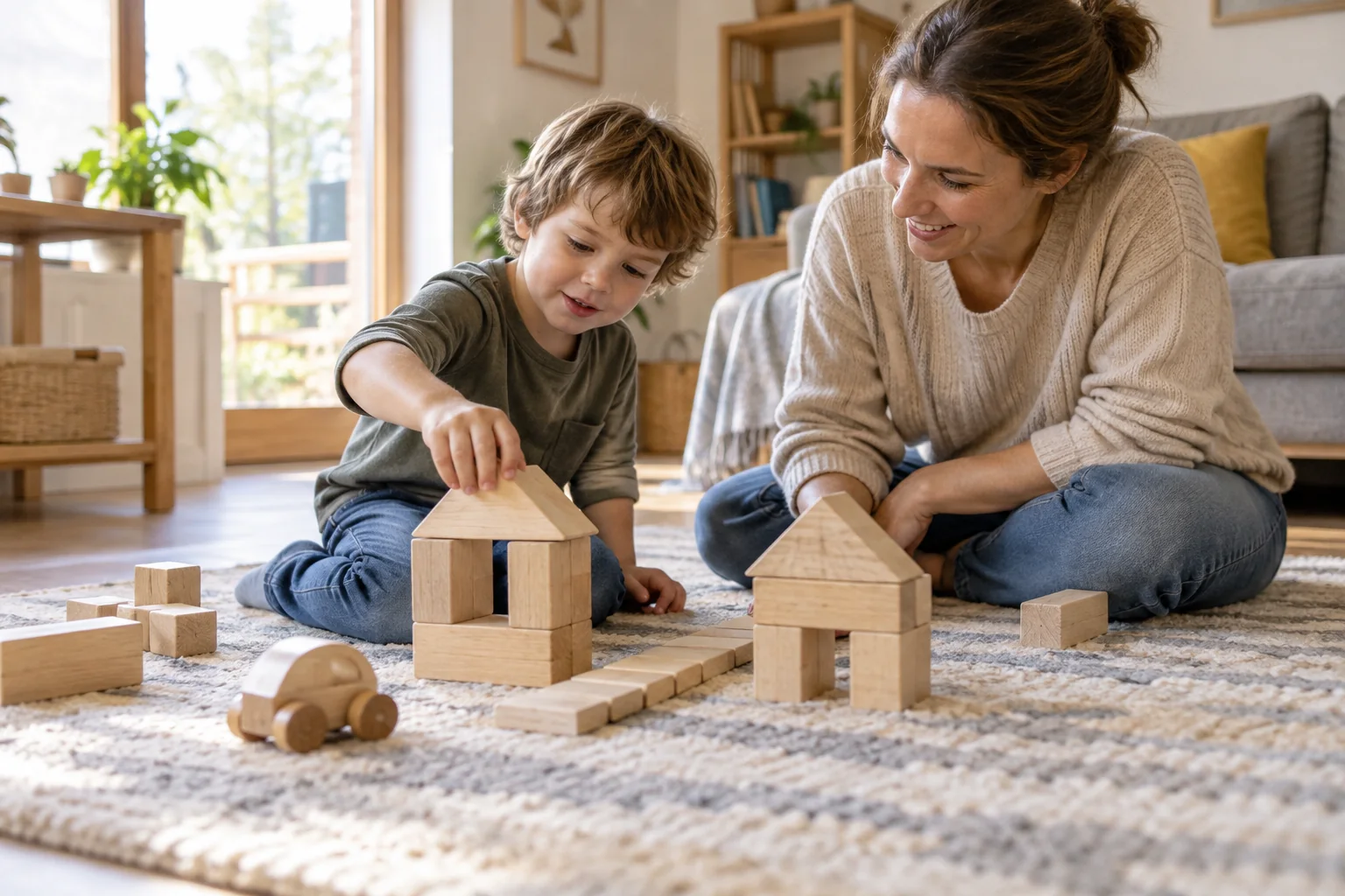 Eine Mutter und ein etwa fünfjähriges Kind bauen auf dem Wohnzimmerboden mit großen Holzklötzen eine kleine Spielstadt