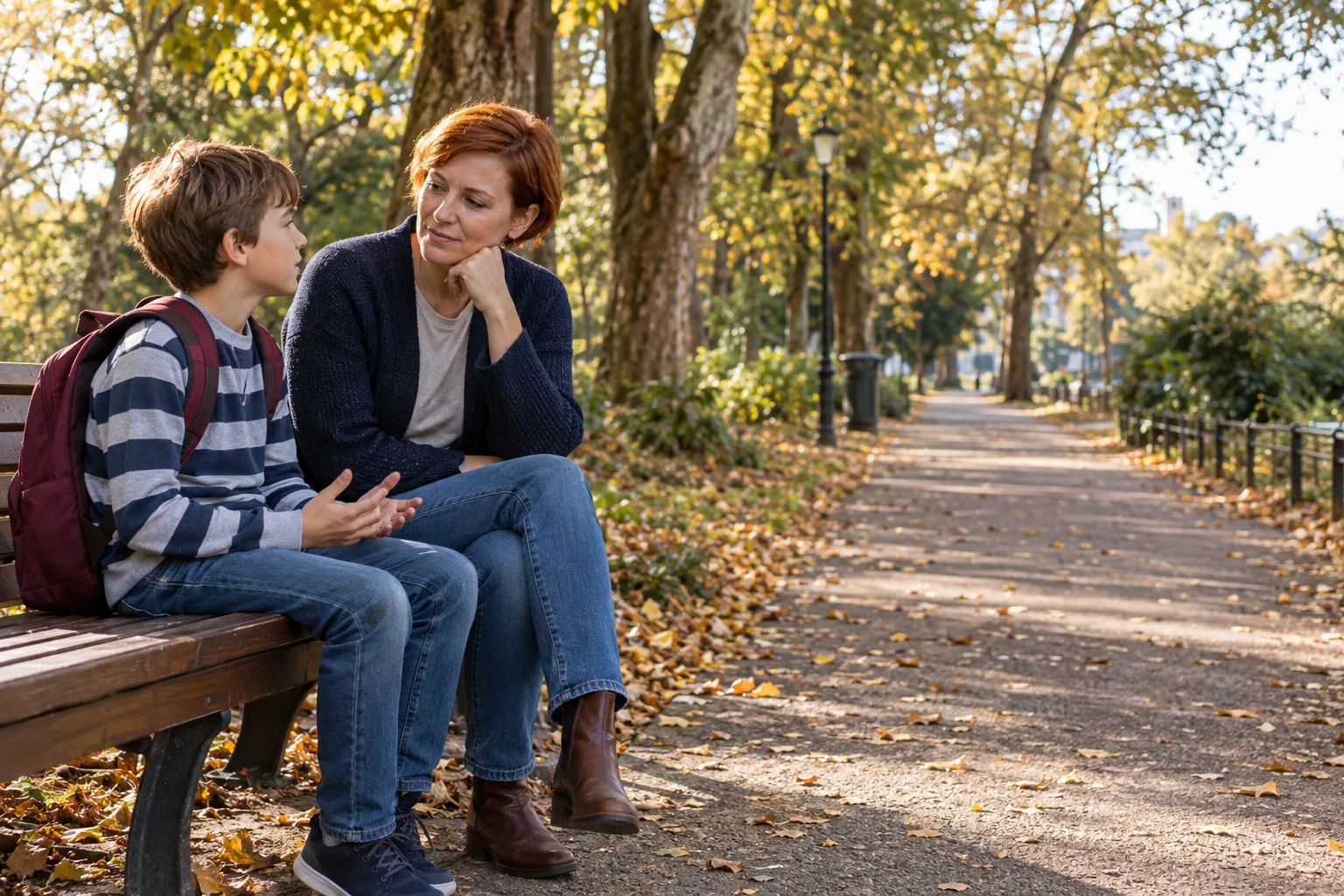 Ein Elternteil hört einem Schulkind auf einer ruhigen Parkbank zu
