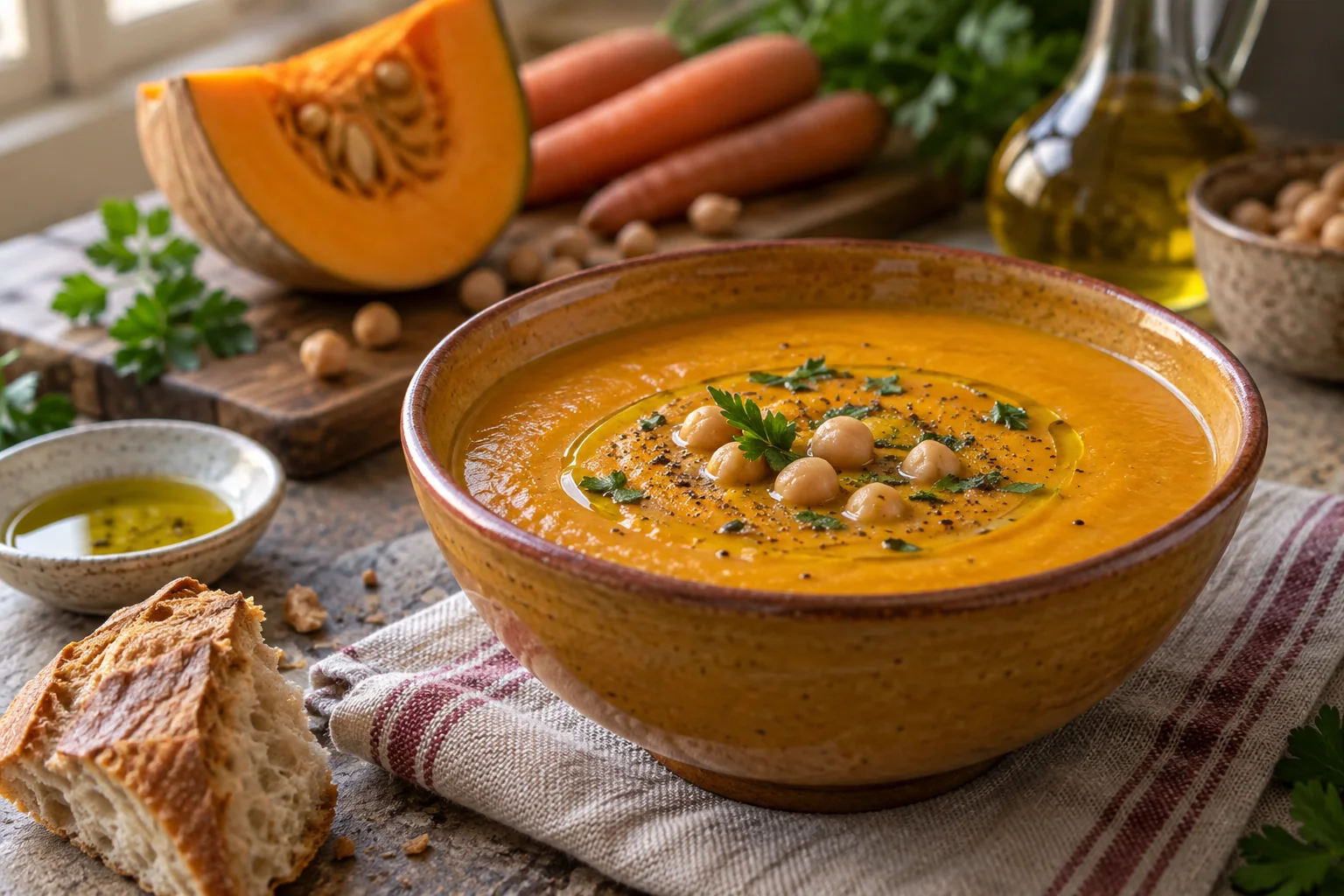Vellutata arancione di zucca, carote e ceci in una ciotola di ceramica, con un sottile filo di olio d’oliva.