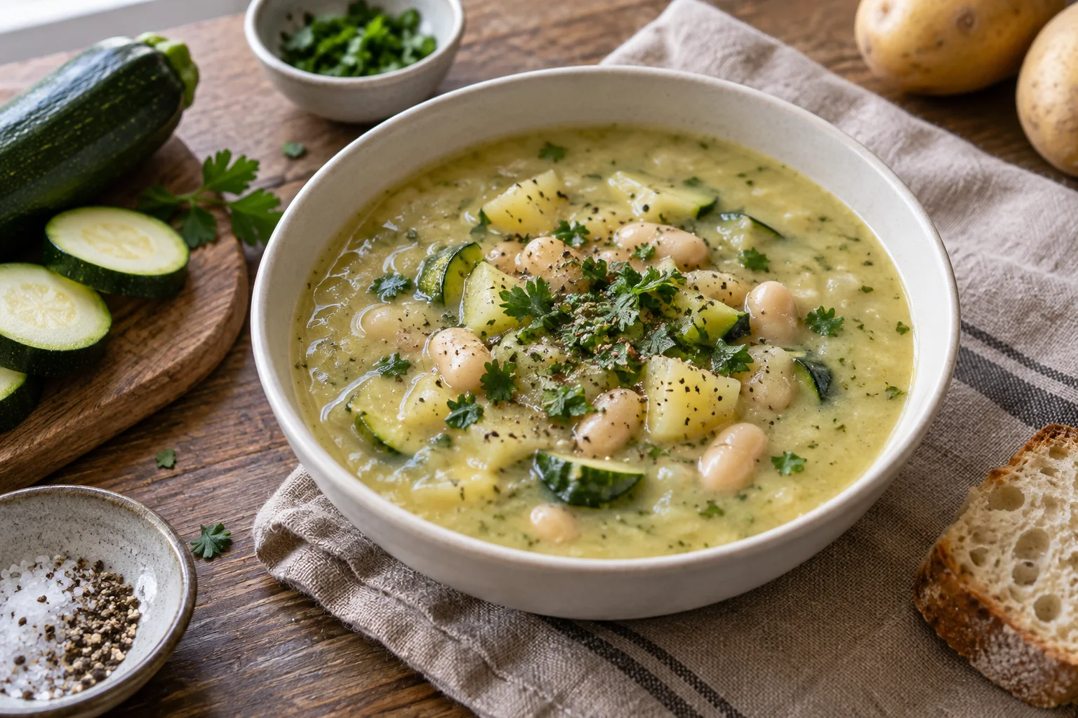 Zuppa rustica con piccoli pezzi morbidi di zucchina e patata e fagioli bianchi in una ciotola chiara.