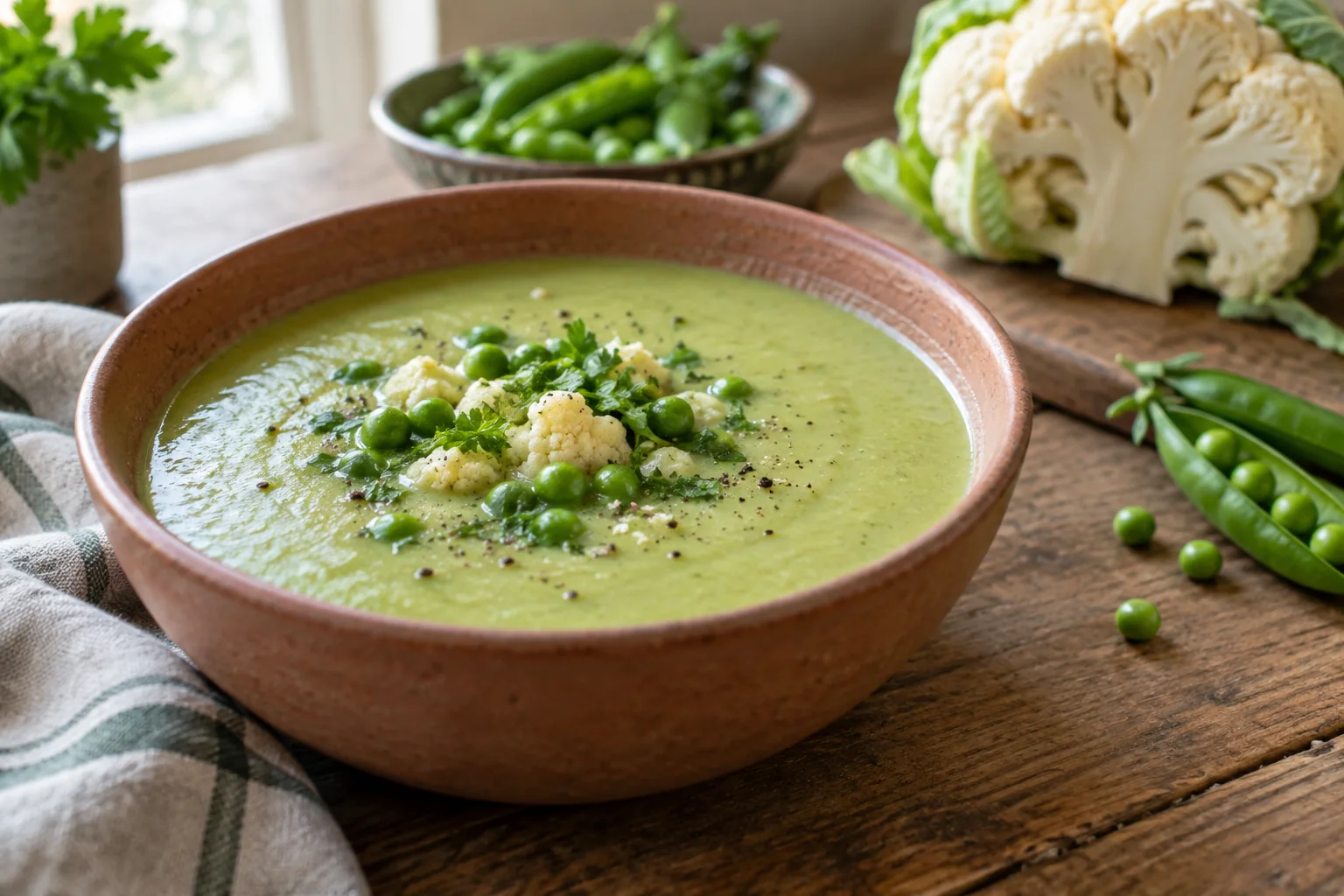 Crema verde chiaro di cavolfiore e piselli, liscia e densa, servita in una ciotola di ceramica su una tavola domestica.