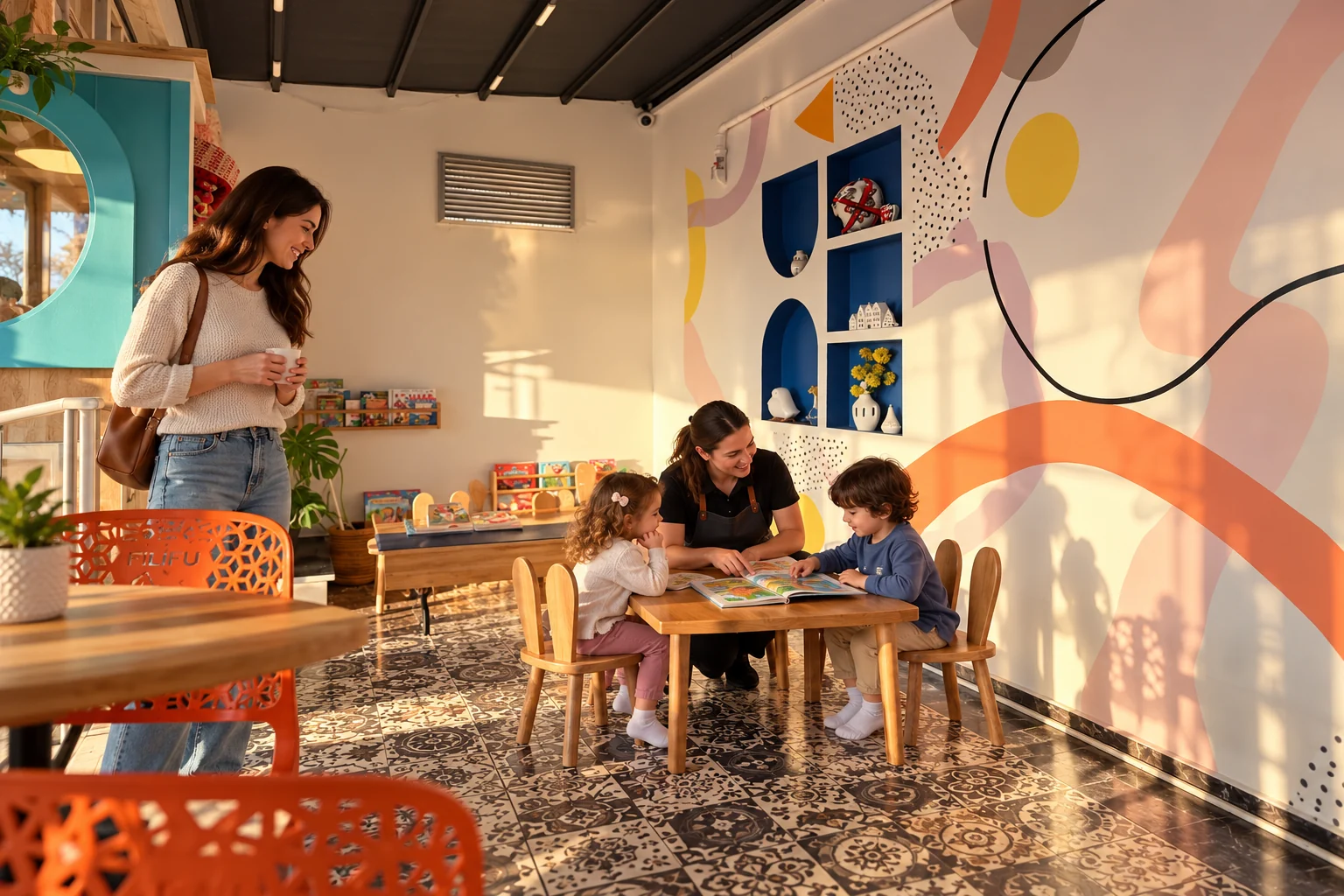 Filifuの壁画の前で、スタッフと絵本を読む白い靴下の子どもたちと見守る母親