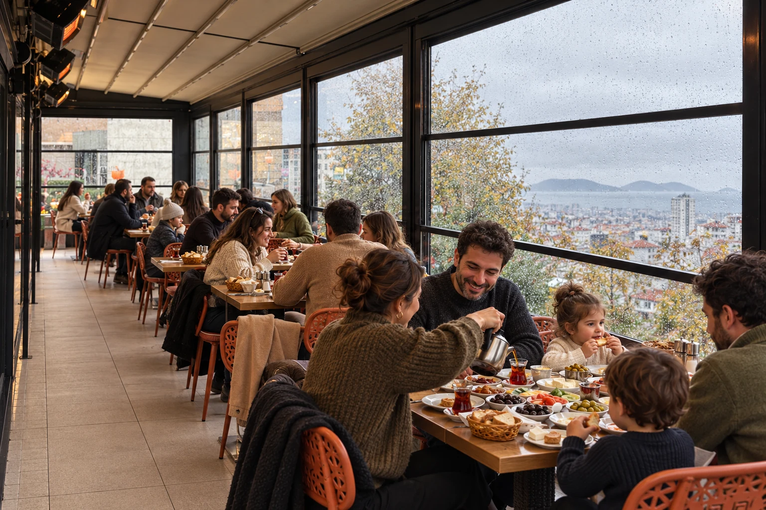 Families sharing breakfast on Filifu’s glass-fronted terrace, with rain on the windows and islands beyond the city